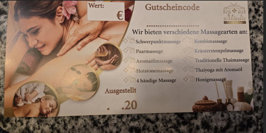 Geschenkgutschein von Miedie Thaimassage, Rückseite mit Massageangebot