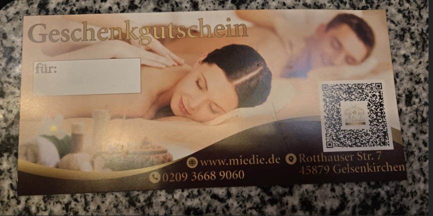 Geschenkgutschein von Miedie Thaimassage, Vorderseite